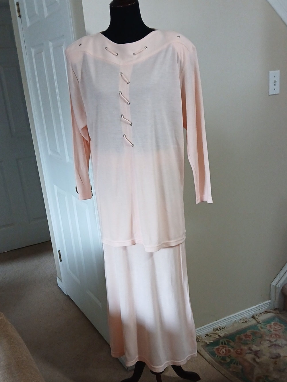 2 Peice Long Sleeve Soft Blush Lounge Dress with Lace-Up Detail